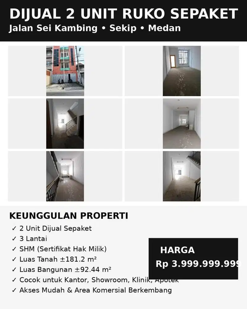 2 Unit Ruko 3 Lantai SHM Dijual Sepaket | Lokasi Sei Kambing Medan