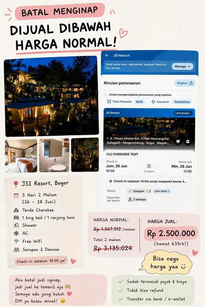 For sale tiket penginapan JSI Resort Bogor