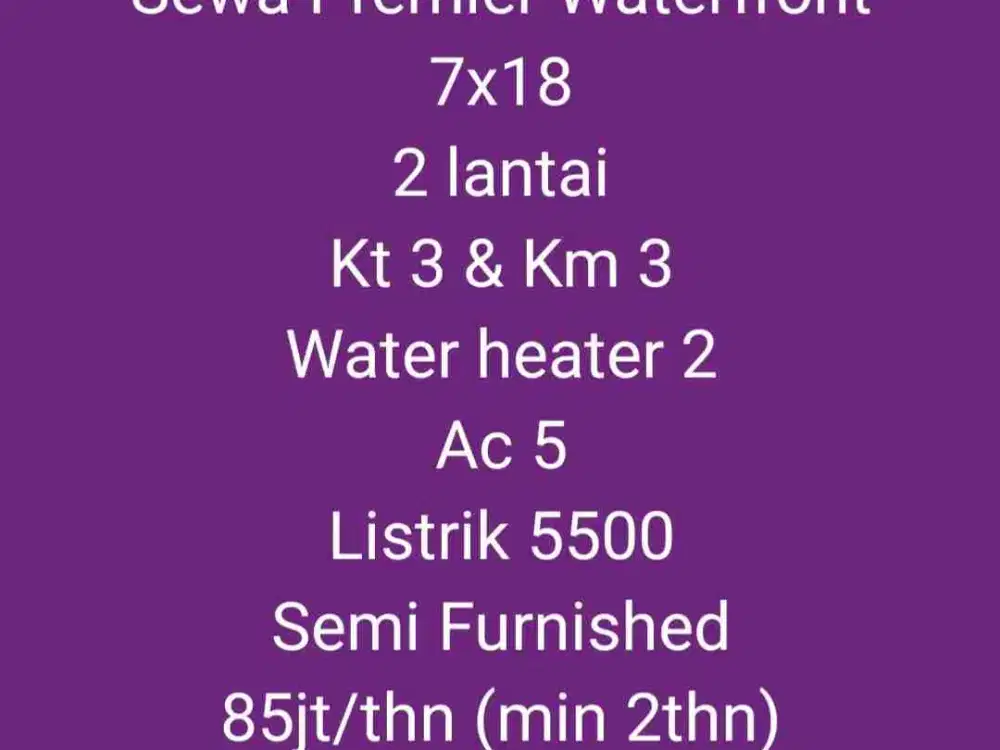 Disewakan Rumah 2 lantai di Perumahan WaterFront City cluster Premier Tanjung Bunga Makassar