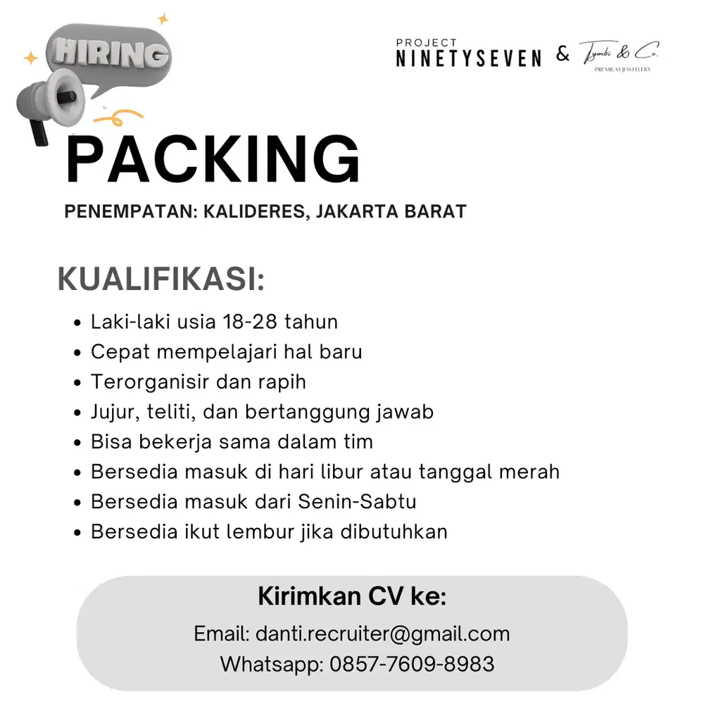 DIBUTUHKAN PACKING LAKI-LAKI (POSISI 2 ORANG) PENEMPATAN KALIDERES