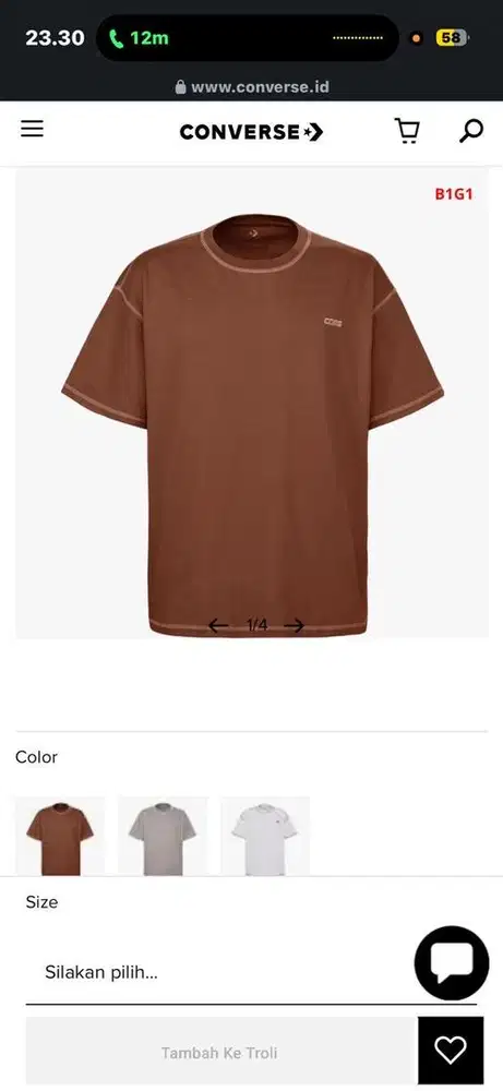 Converse SS Tee Size Asia M Cokelat