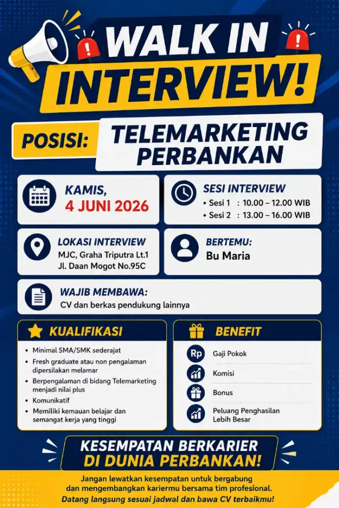WALK IN INTERVIEW Telemarketing Perbankan | Gaji + Komisi + Bonus