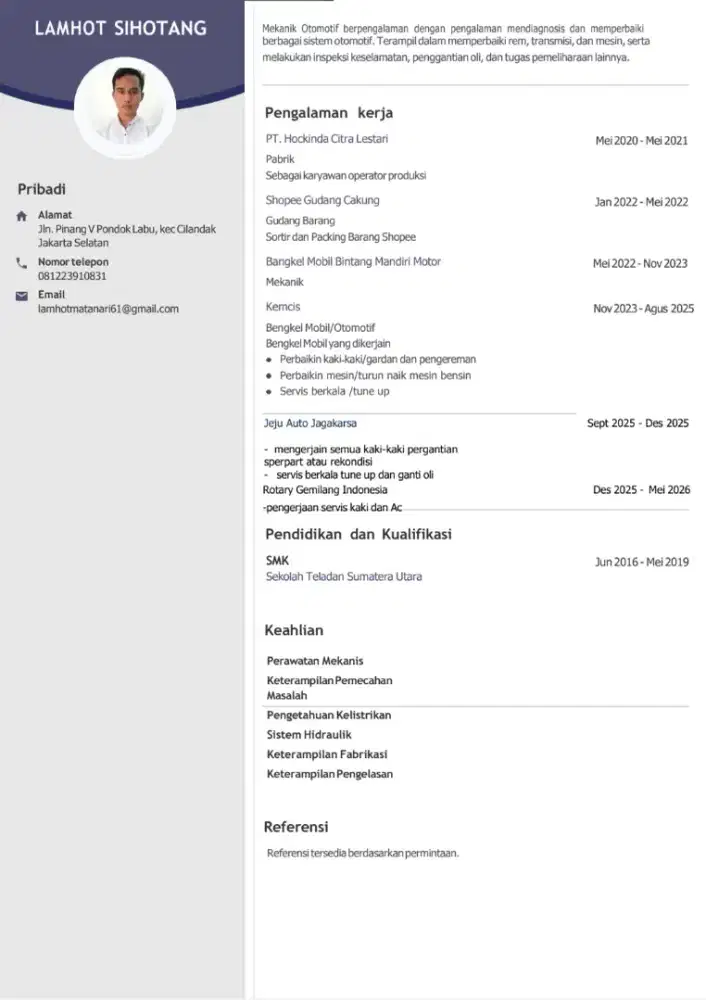 Cari loker buat mekanik  mobik pengalaman 5 tahun