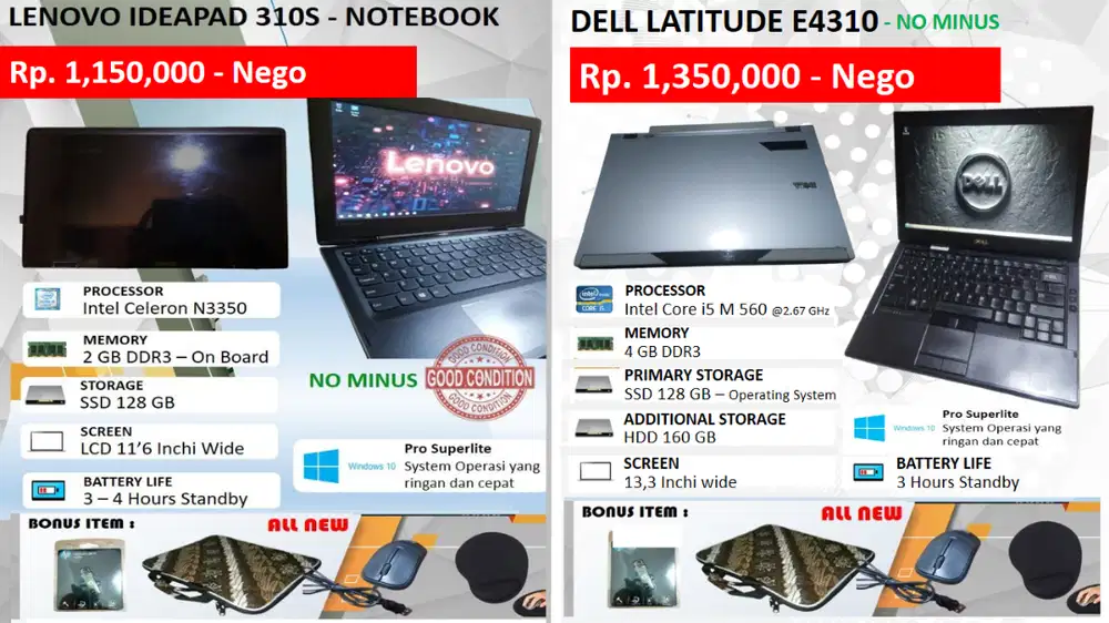 Laptop (No Minus dpt Bonus) DELL E4310 / LENOVO IDEAPAD 310S