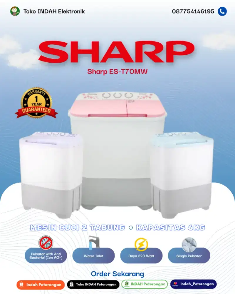 Mesin Cuci 2 Tabung Sharp ES-T70MW