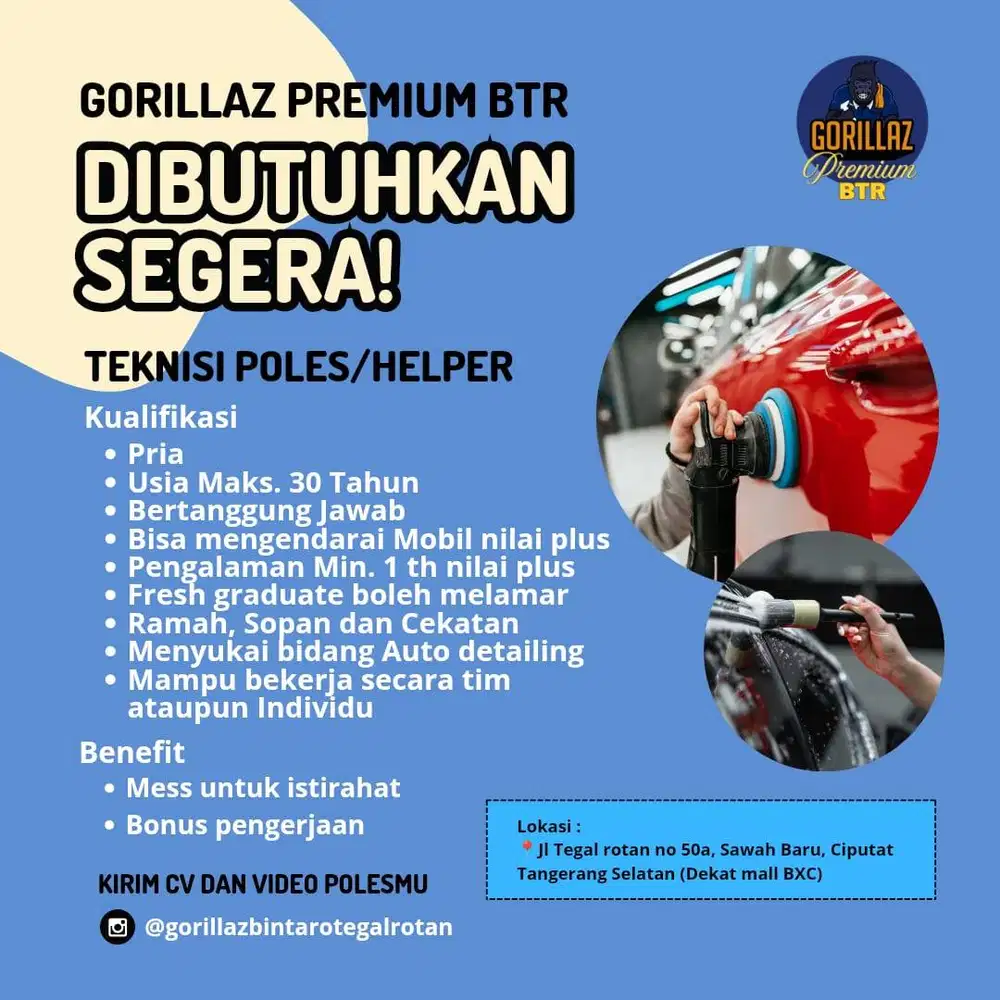Lowongan Teknisi/Helper Salon Mobil