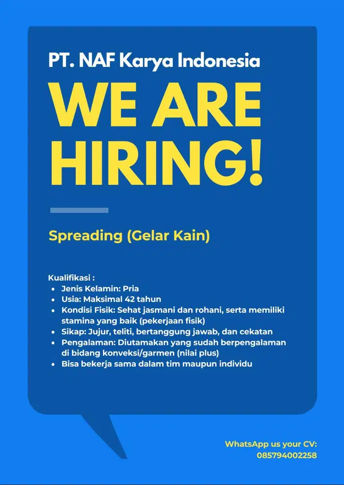 DIBUTUHKAN SEGERA UNTUK TIM GELAR KAIN (SPREADING)