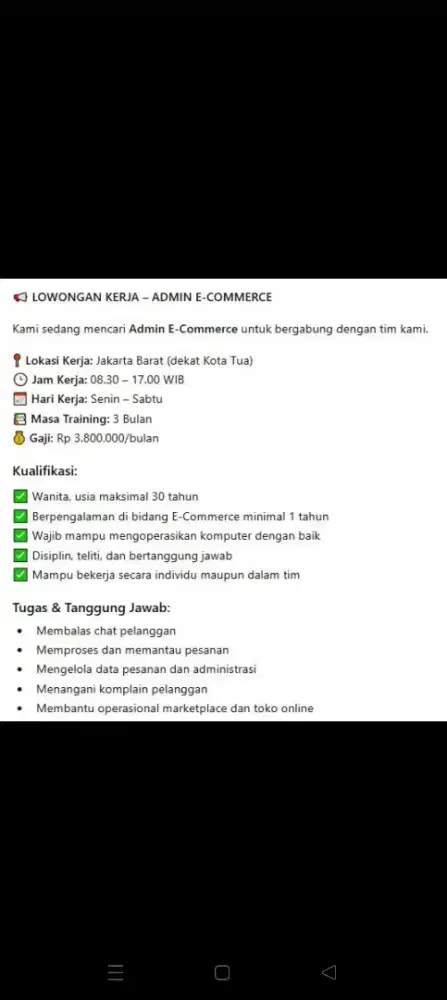 LOWONGAN KERJA ADMIN MARKETPLACE (ONLINE SHOP) !!!