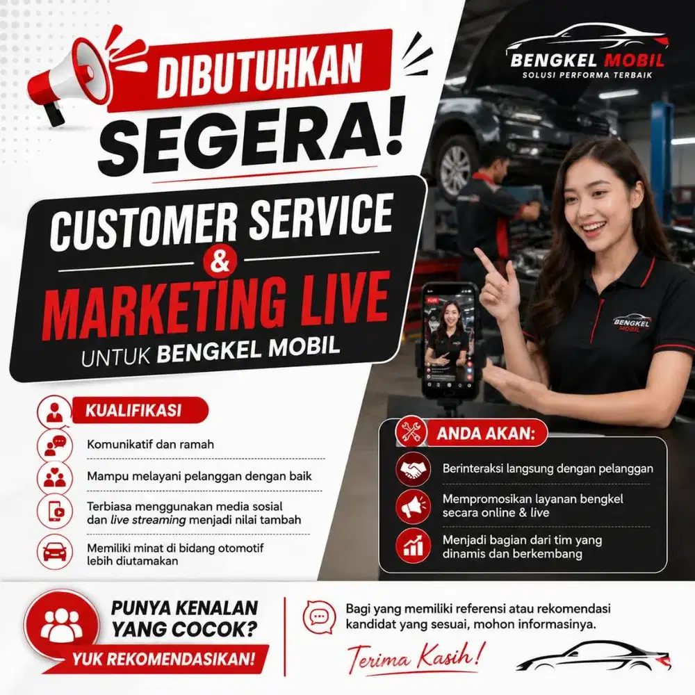 Dibutuhkan Customer service dan Marketing Live untuk Bengkel Mobil