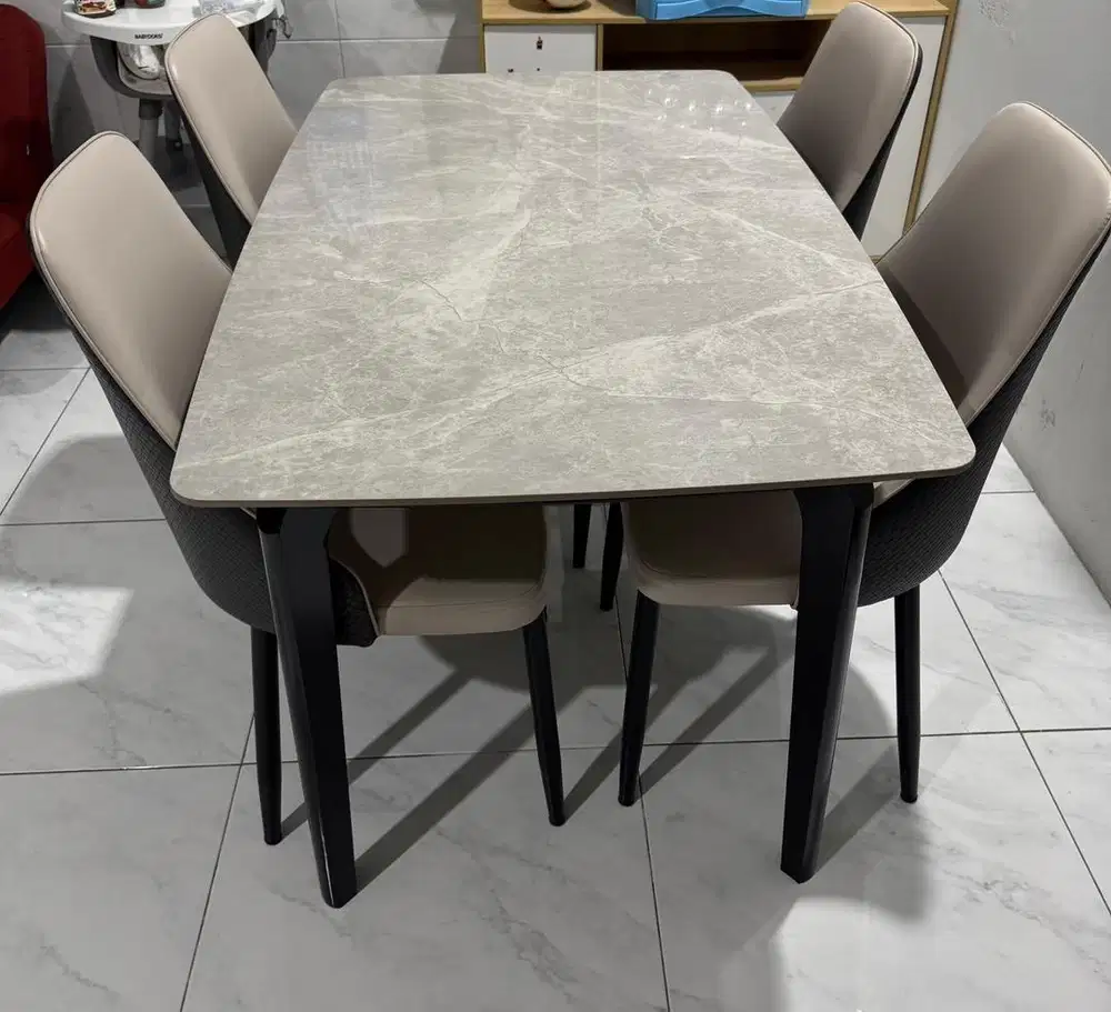 STARLEAD Set Meja Makan Batu Sinter , Meja Makan Kaki Kayu