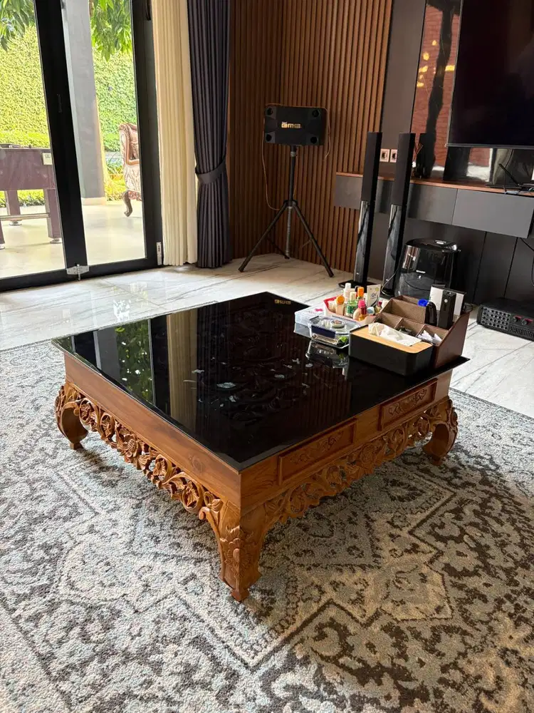 JUAL MEJA TAMU UKIR KAYU JATI + TOP KACA HITAM