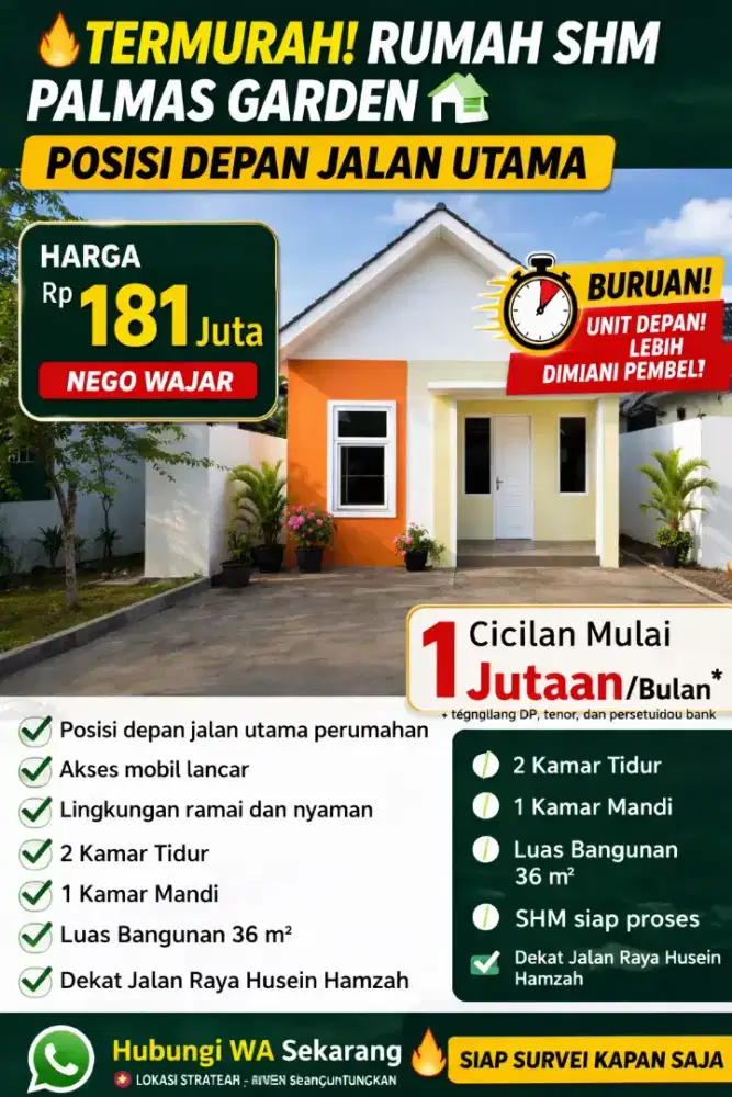 PALING MURAH!RUMAH SHM PALMAS GARDEN LOKASI DEKAT JL RAYAHUSEIN HAMZAH