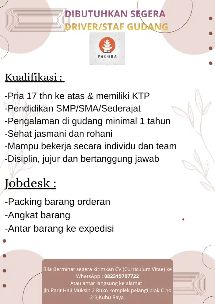 Dibutuhkan segera Driver/Staff gudang