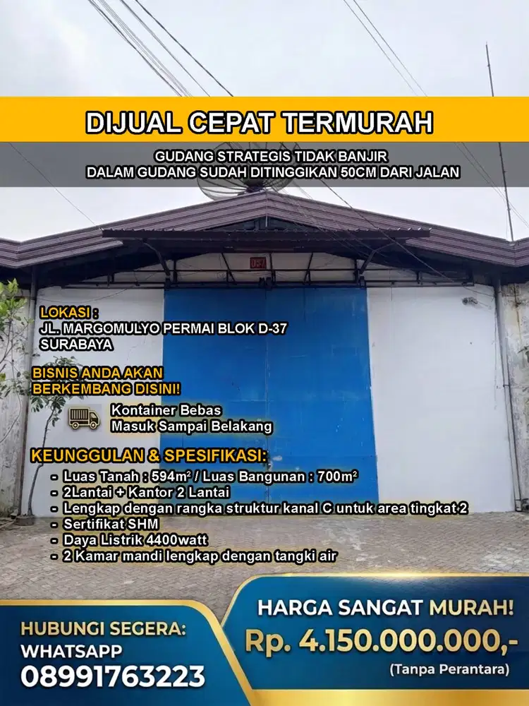 DIJUAL TERMURAH GUDANG MARGOMULYO PERMAI BLOK D37 TIDAK BANJIR