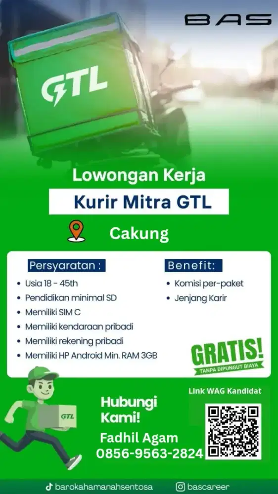 Di butuhkan kurir Mitra GTL(TOKPED)