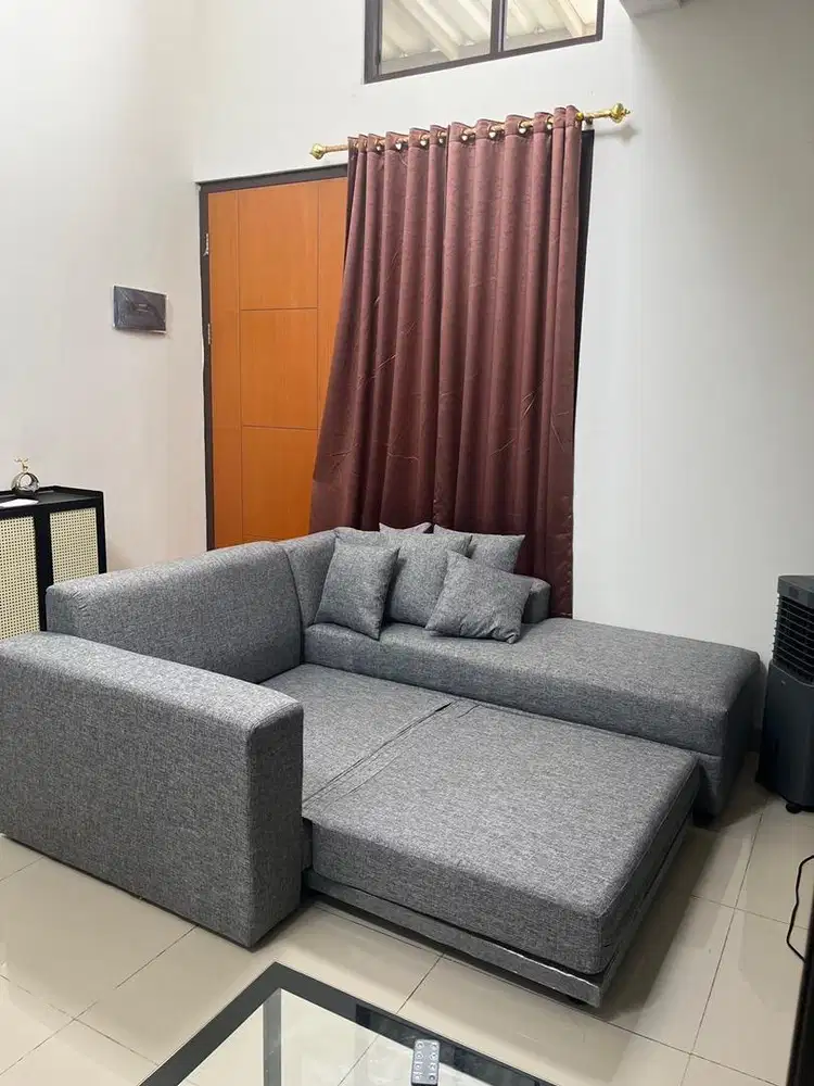 Sofa L Bed Abu-Abu Premium Like New Baru Pakai 1 Hari