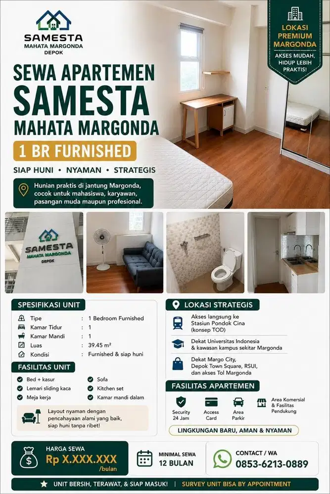 Sewa apartemen Mahata Margonda 1 BR (Unfurnished)