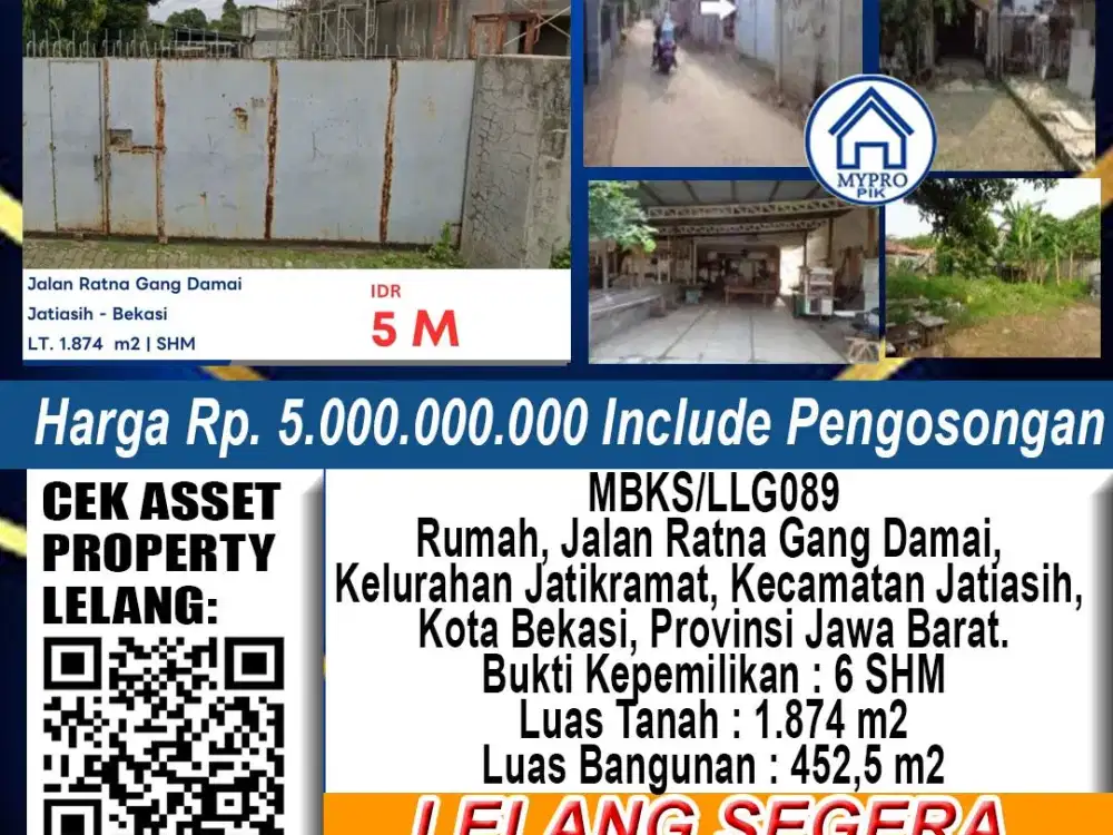 Lelang rumah di jalan ratna gang damai jatiasih bekasi