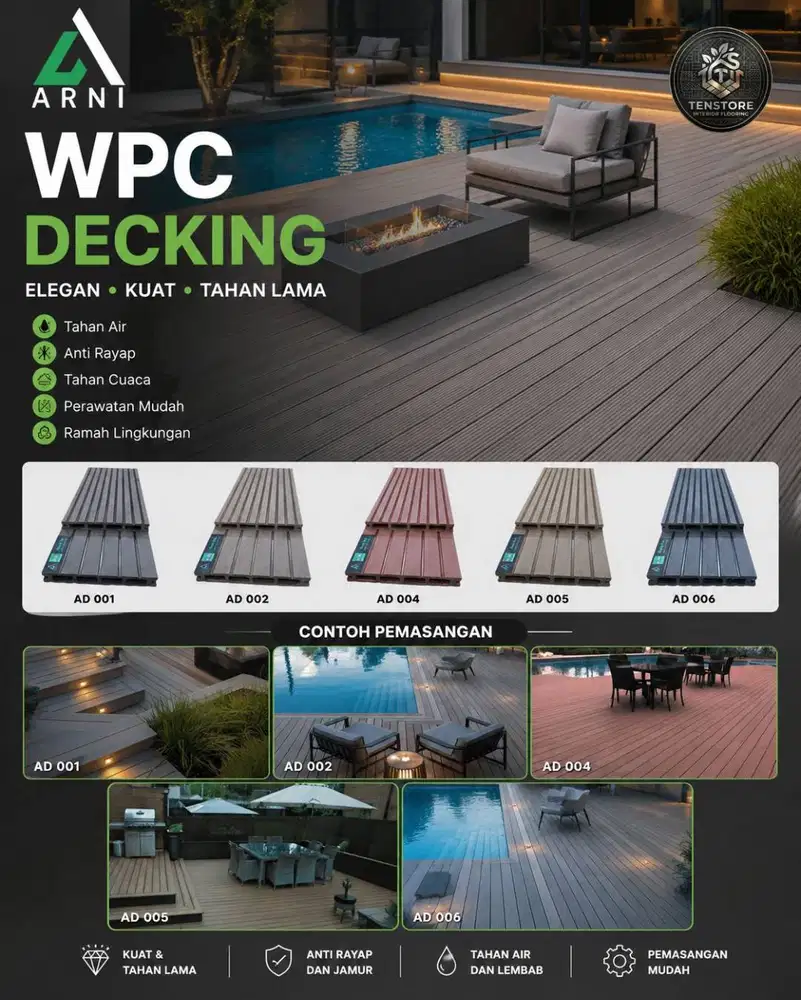 ARNI Decking WPC Lantai Kayu Outdoor Motif Garis Lurus Panjang 2,9m An