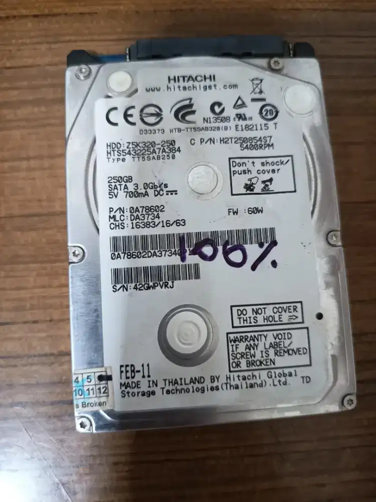 HDD Laptop Hitachi 250 gb 100% health