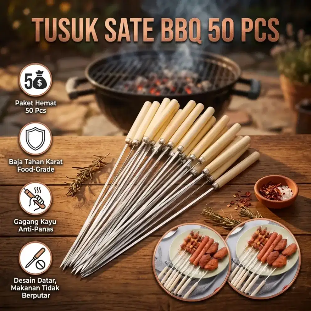 Alat Tusuk Sate Barbeque Stainless Steel Reusable 50 PCS