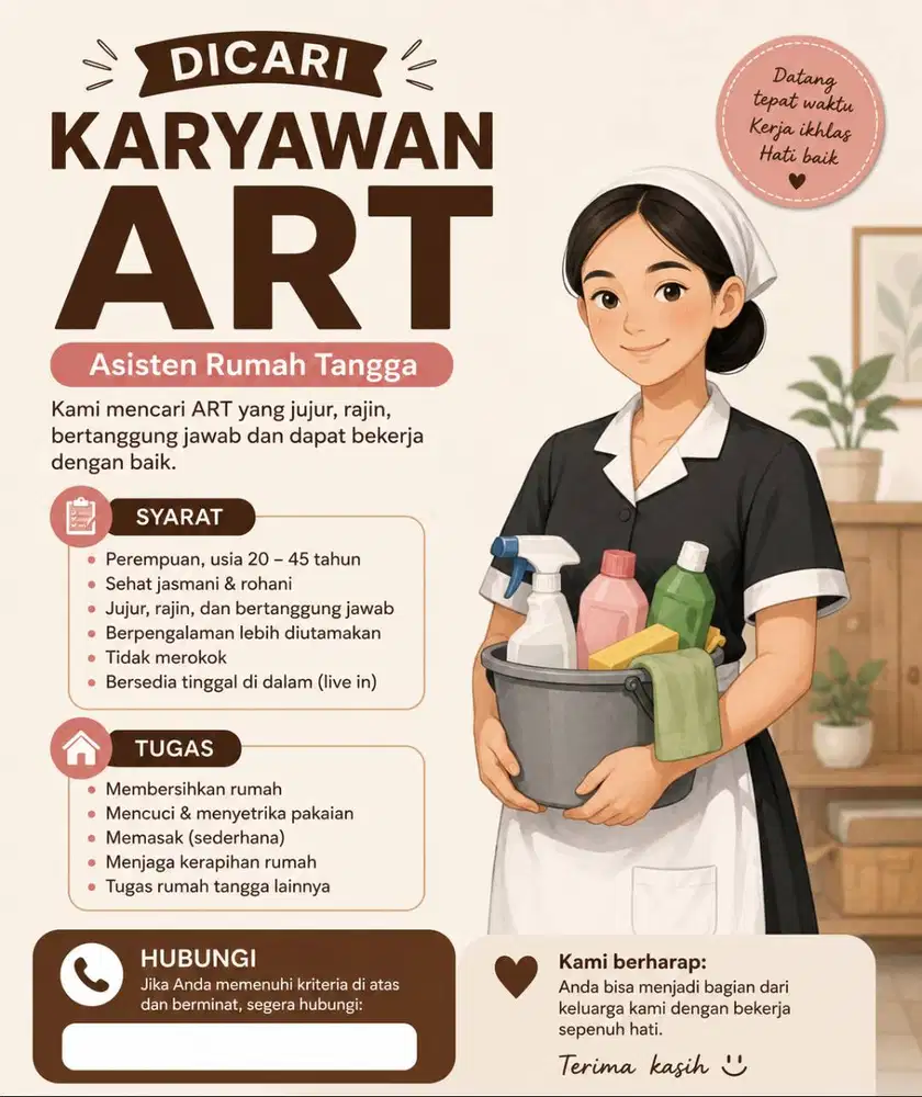 Di butuhkan Asisten Rumah Tangga WAnita