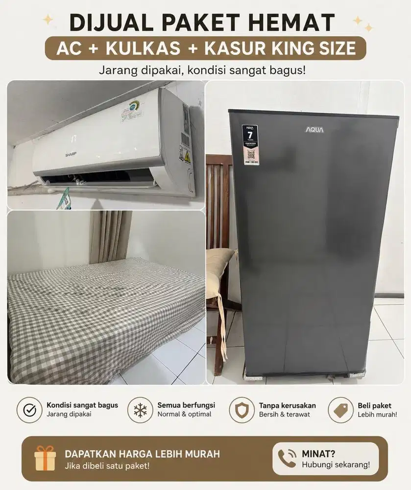 Jual Paket Rumah Tangga Lengkap: AC, Kulkas & Kasur King Size Murah