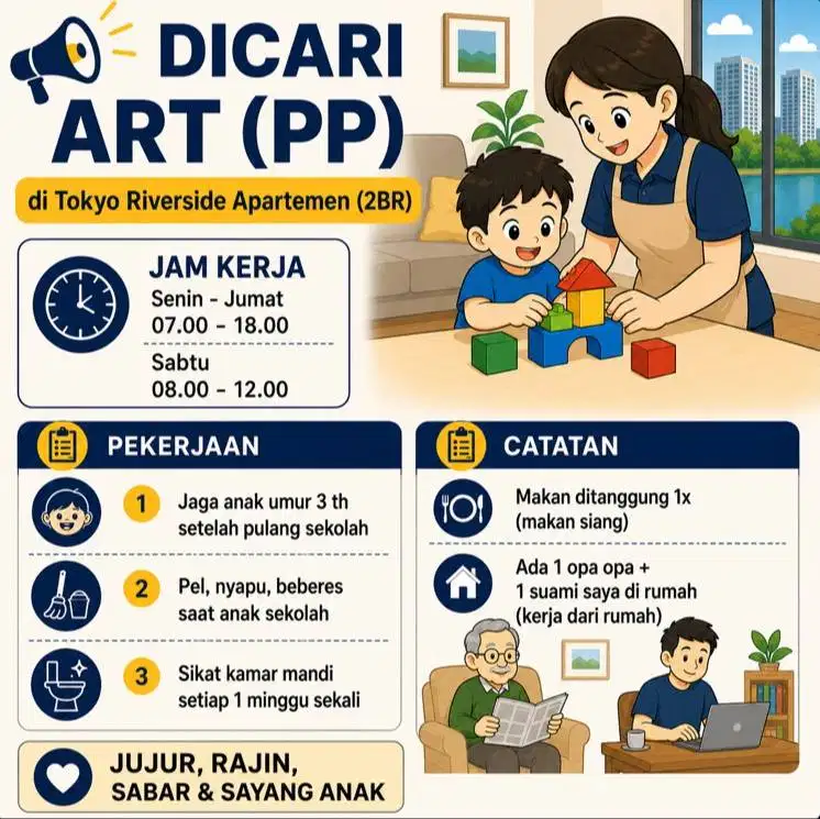 Dicari ART (PP) di Tokyo Riverside Apartemen (2BR)