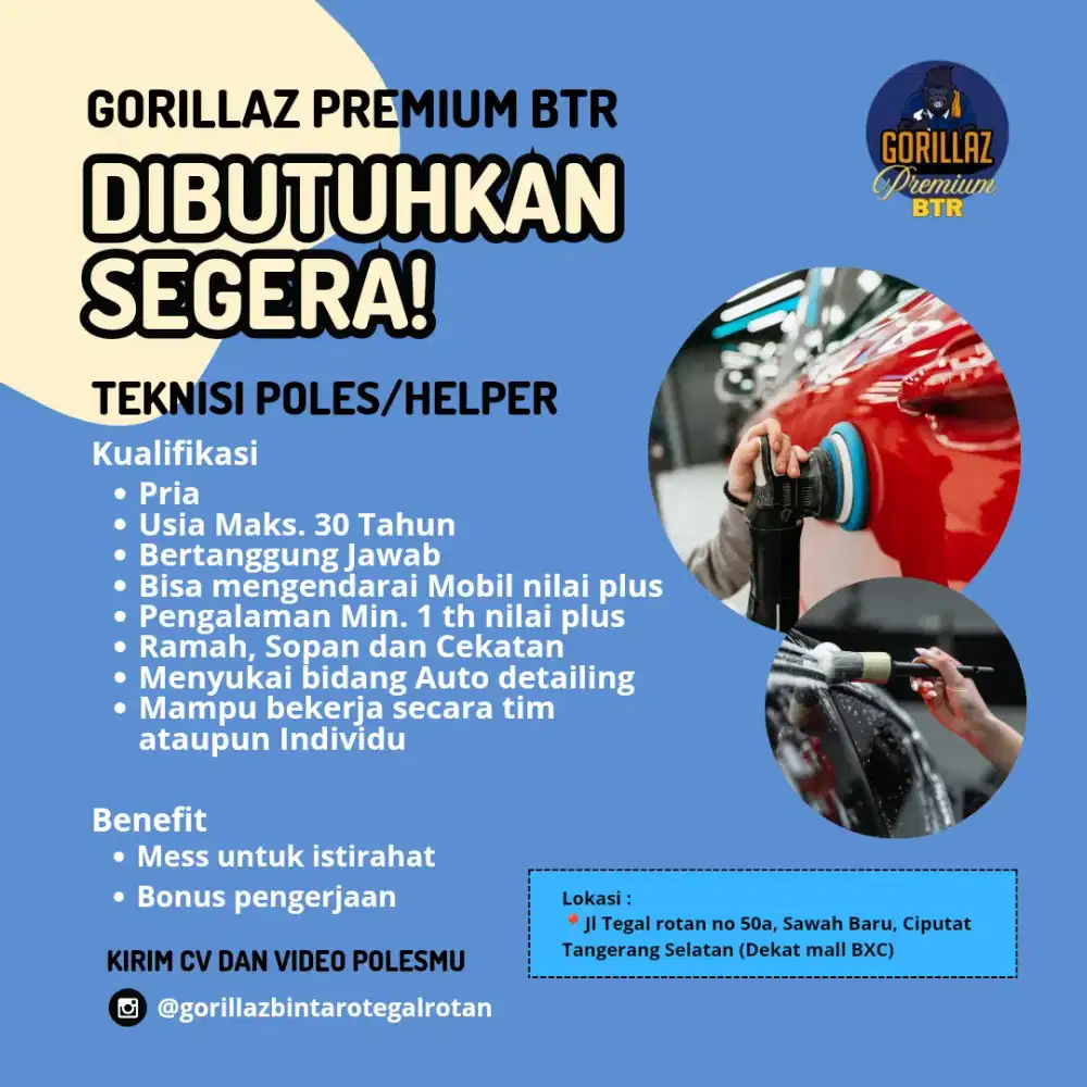 Lowongan Teknisi/Helper Salon Mobil