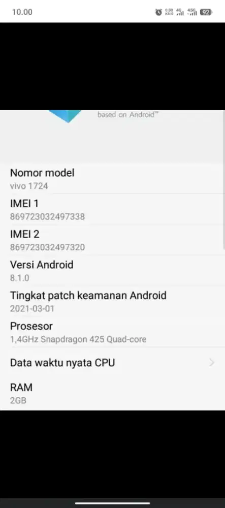 Vivo y1724 hp aja ram 2/16 4g.harga 300000 minus pemakaian cek dl