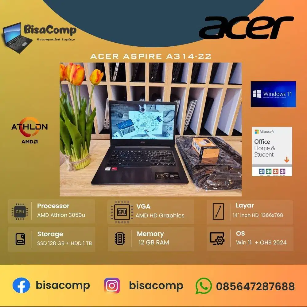 Acer Aspire 3 A314-22 AMD Athlon Silver SSD 128gb HDD 1Tb Ram 12gb 14