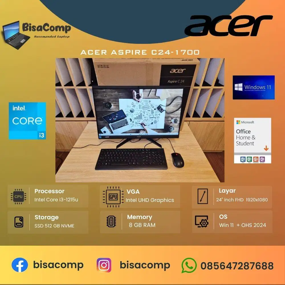 Acer AIO Aspire C24-1700 Core i3 12th Gen SSD 512gb Ram 8gb 24inchFHD