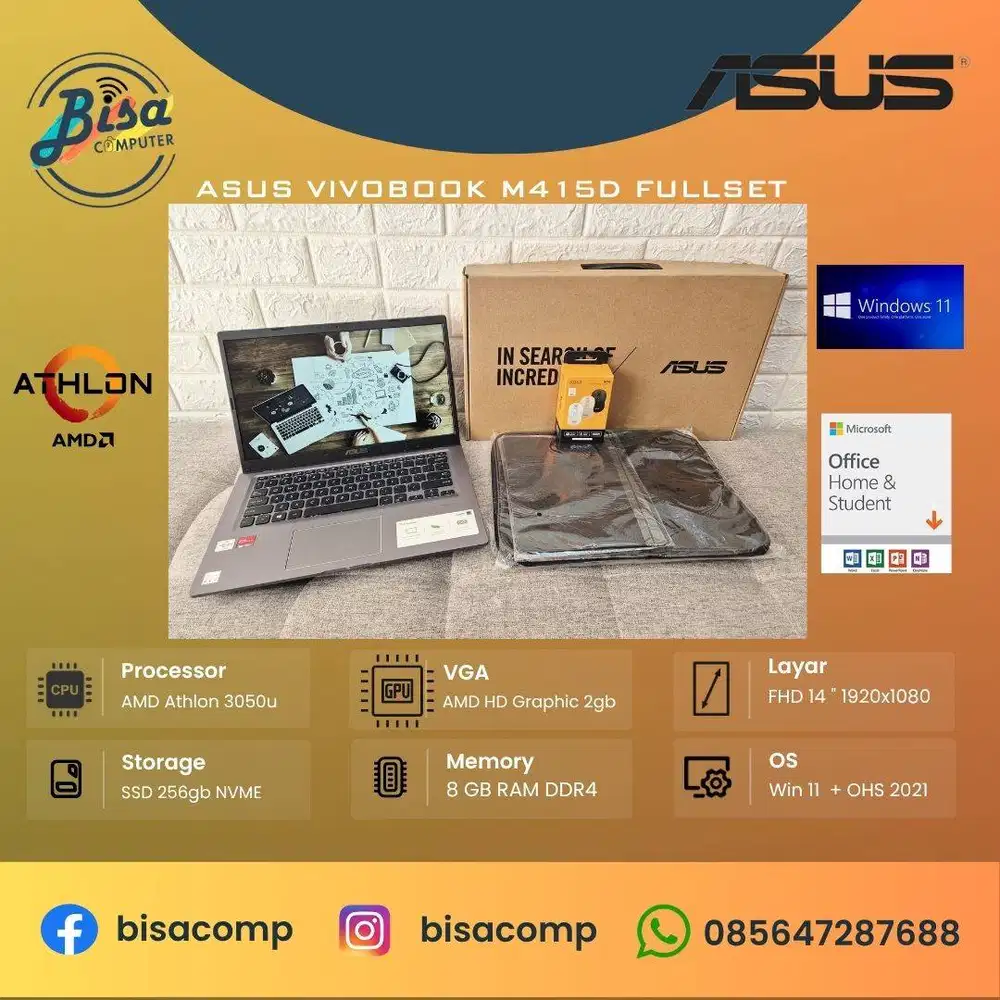 Asus Vivobook M415D AMD Athlon Silver SSD 256gb Ram 8gb 14inchFHD