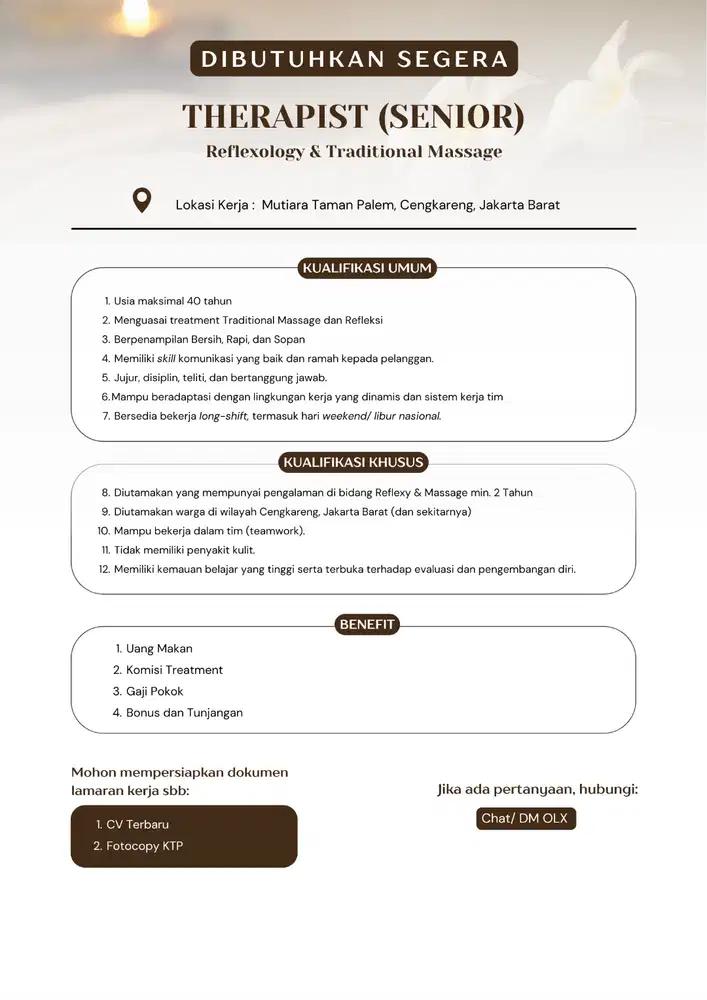 DIBUTUHKAN SEGERA | Therapist Senior Reflexology & Family Massage