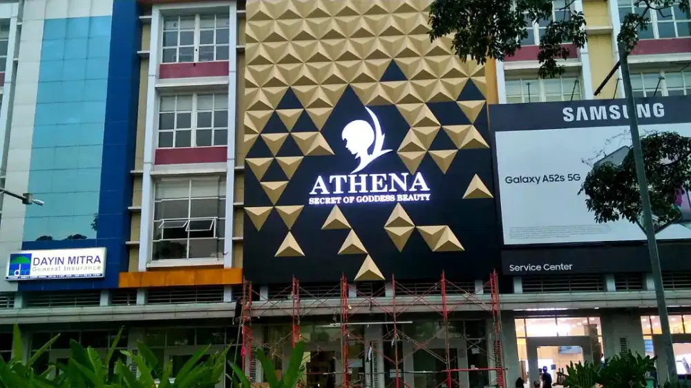 ACP Facade. Panel Fasad Custom. Cladding dan Lettersign. Curtain Wall