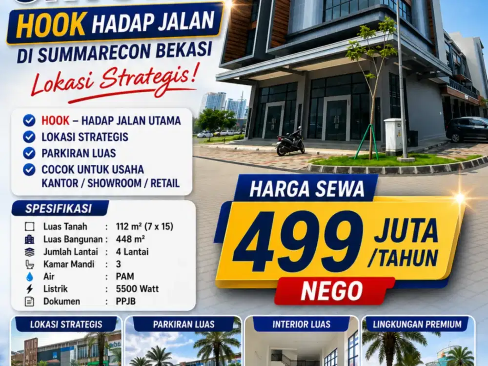 Disewakan Ruko Crystal HOOK Hadap Jalan di Summarecon Bekasi