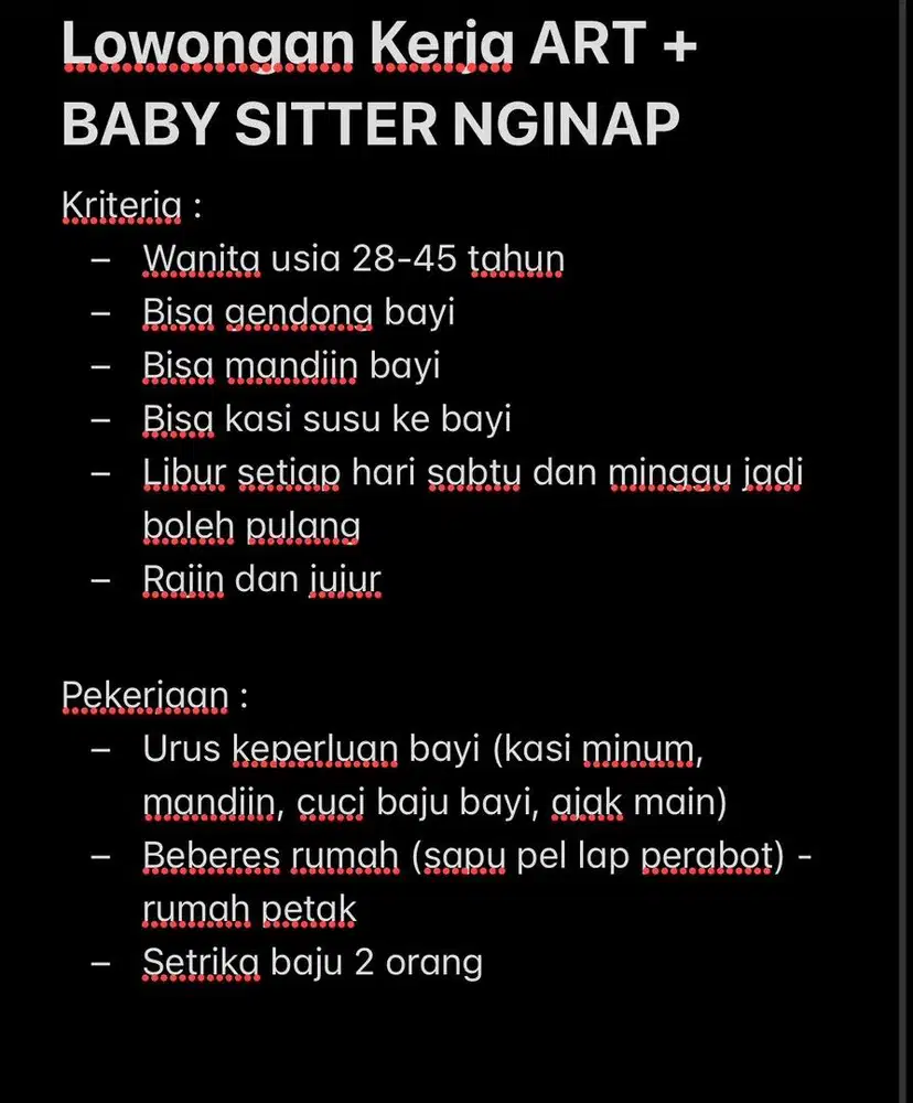 LOWONGAN KERJA ART + BABY SITTER