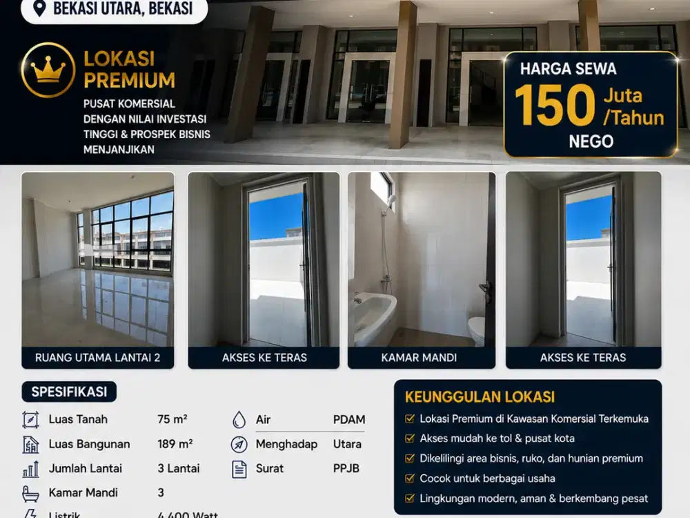 Disewakan Ruko 3 Lantai di Crystal Summarecon Bekasi