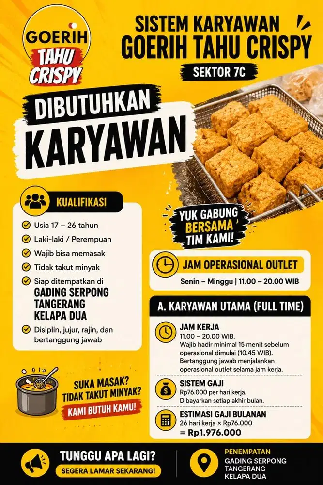 DIBUTUHKAN KARYAWAN BISA MEMASAK UNTUK DAERAH GADING SERPONG