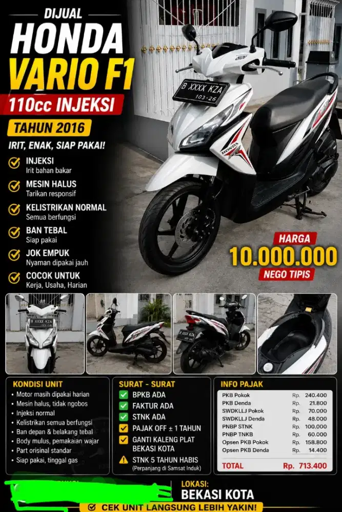 Dijual Honda Vario F1 110cc Injeksi Tahun 2016