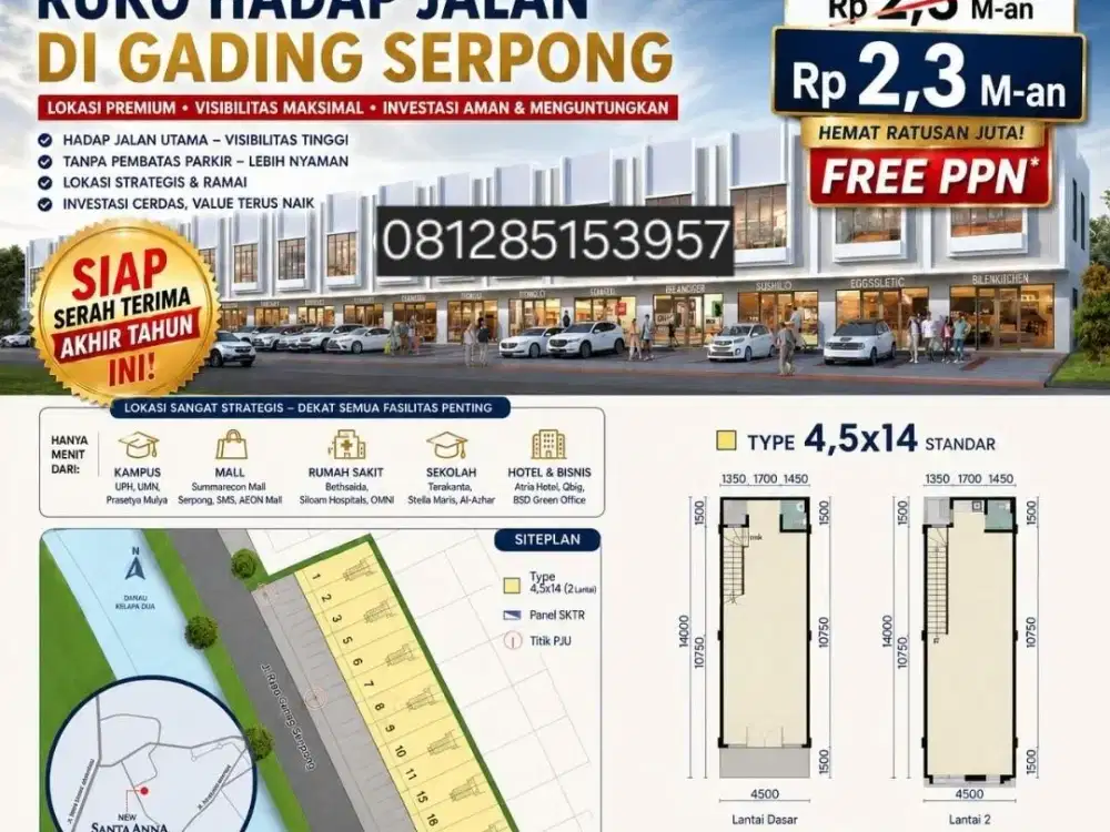 2,3Man  FREE PPN & SIAP PAKAI RUKO SANTA ANNA GADING SERPONG TERMURAH HADAP JALAN 2,4M 4,5X14