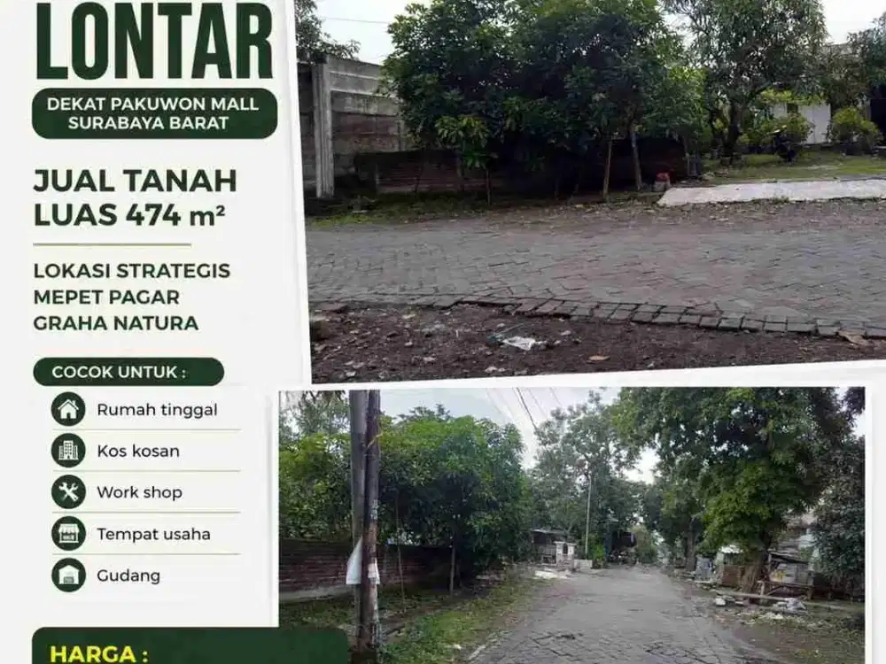 KUWUKAN LONTAR dekat Pakuwon Mall ‼️Jual Tanah Luas 474 m2 Surabaya Barat