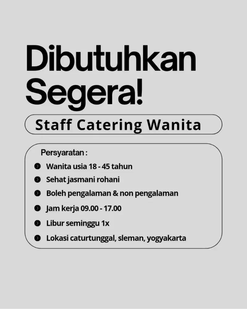 Lowongan Staff Catering Wanita Yogyakarta (Jogja)