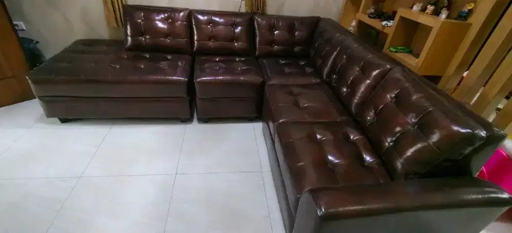 jual sofa sudut L Premium warna coklat kondisi terawat