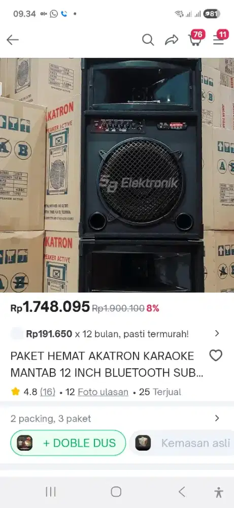 Speaker aktif bluetooth merk akatron 12 inch