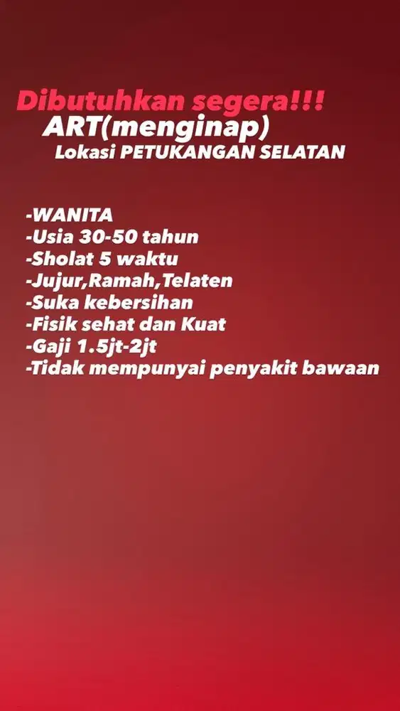 Dicari ART BEBERES RUMAH