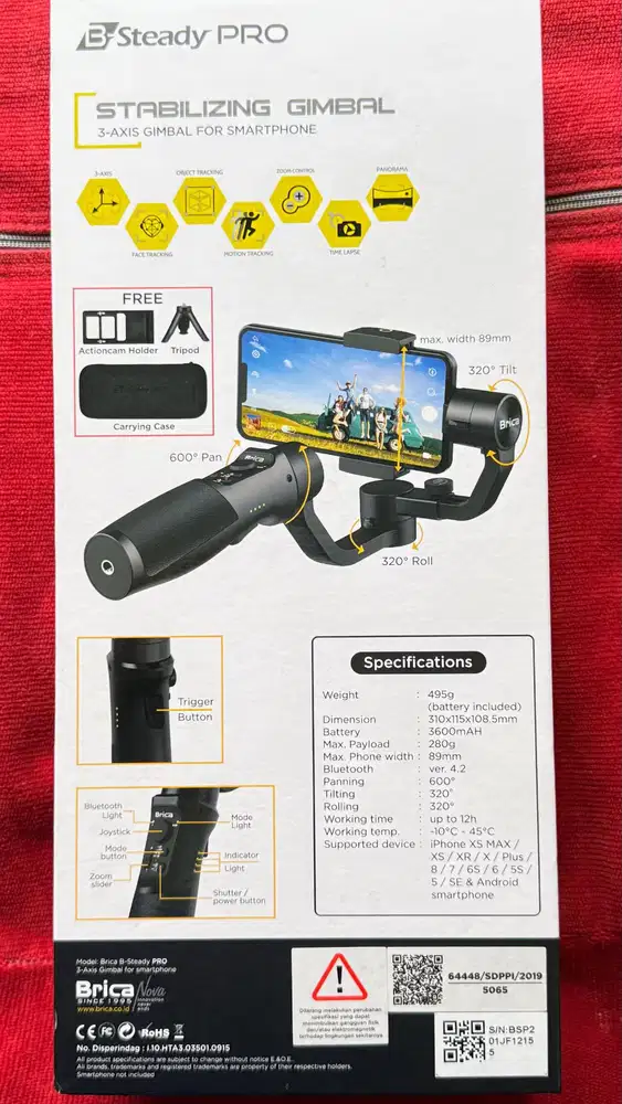Brica B-Steady Pro Gimbal Smartphone 3 Axis Fullset Mulus Like New