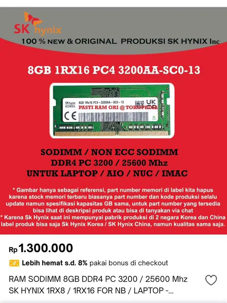 RAM Laptop SK Hynix DDR4 8GB 3200Mhz.