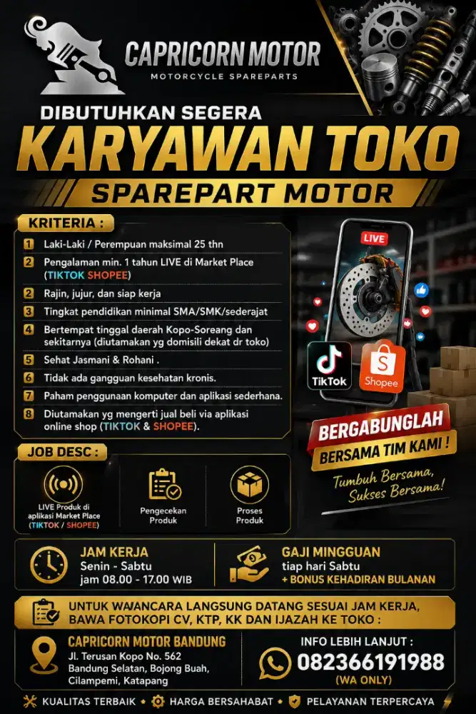 Dibutuhkan segera KARYAWAN LIVE ONLINE SHOP TOKO Sparepart MOTOR