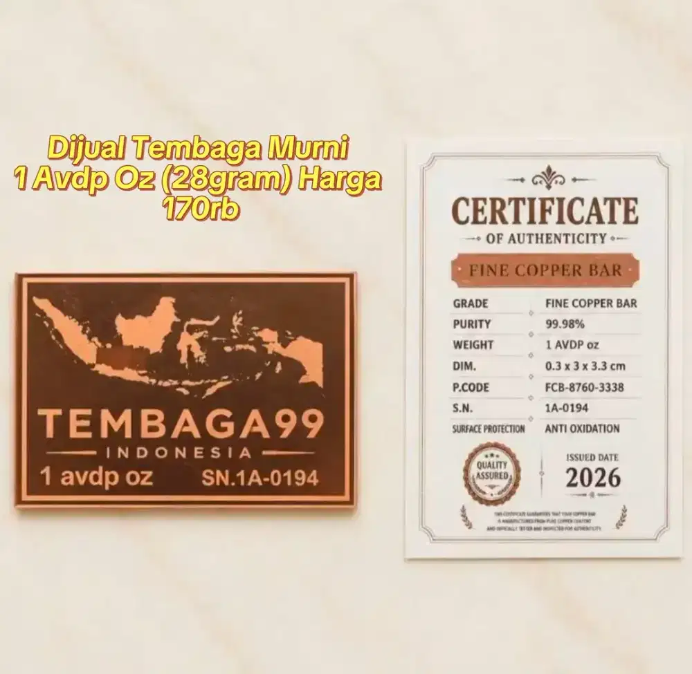 Dijual Tembaga Murni 
1 Avdp Oz (28gram) Harga 170rb